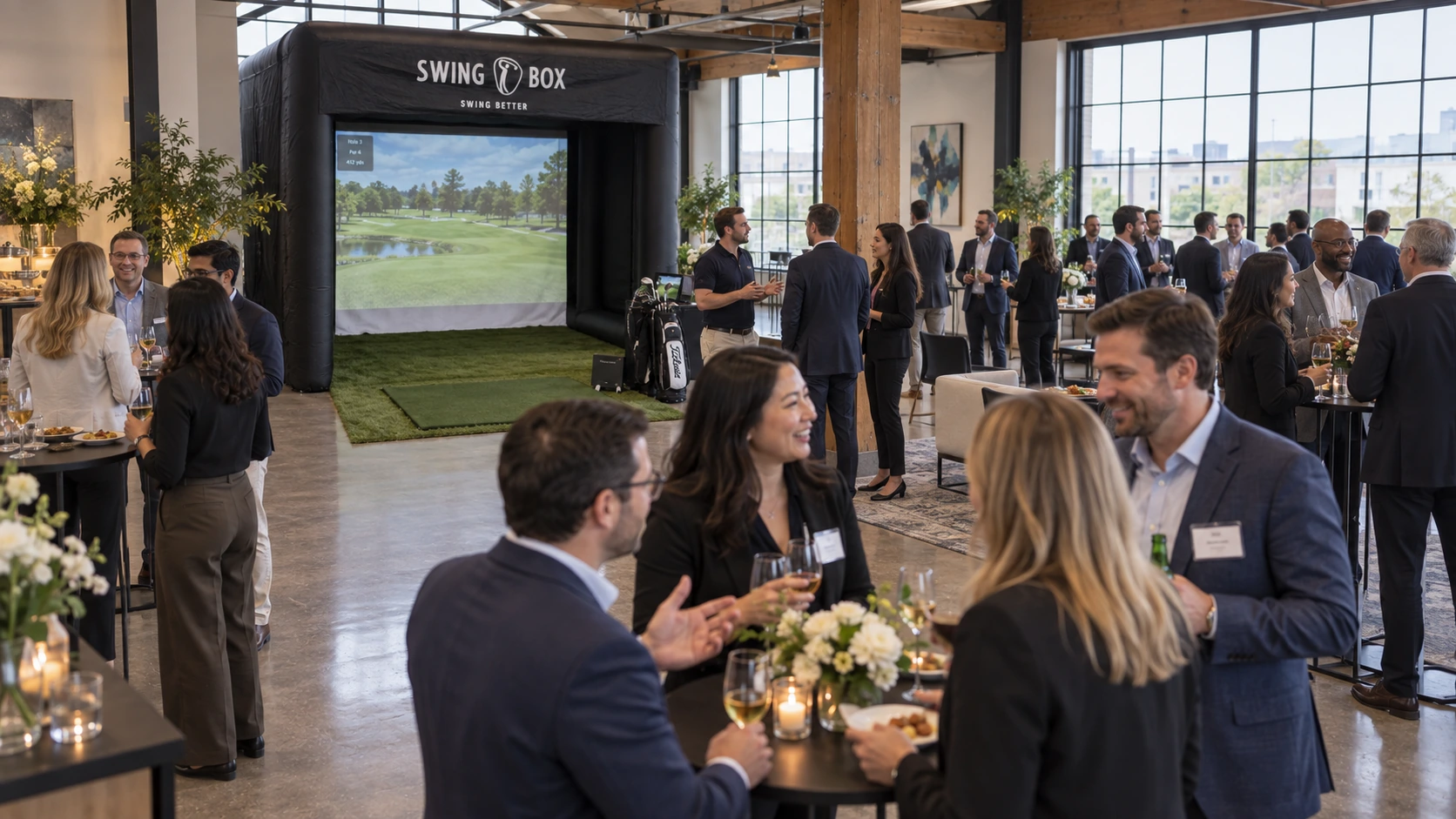 Corporate guests gathered around a Swing Box golf simulator in an event venue