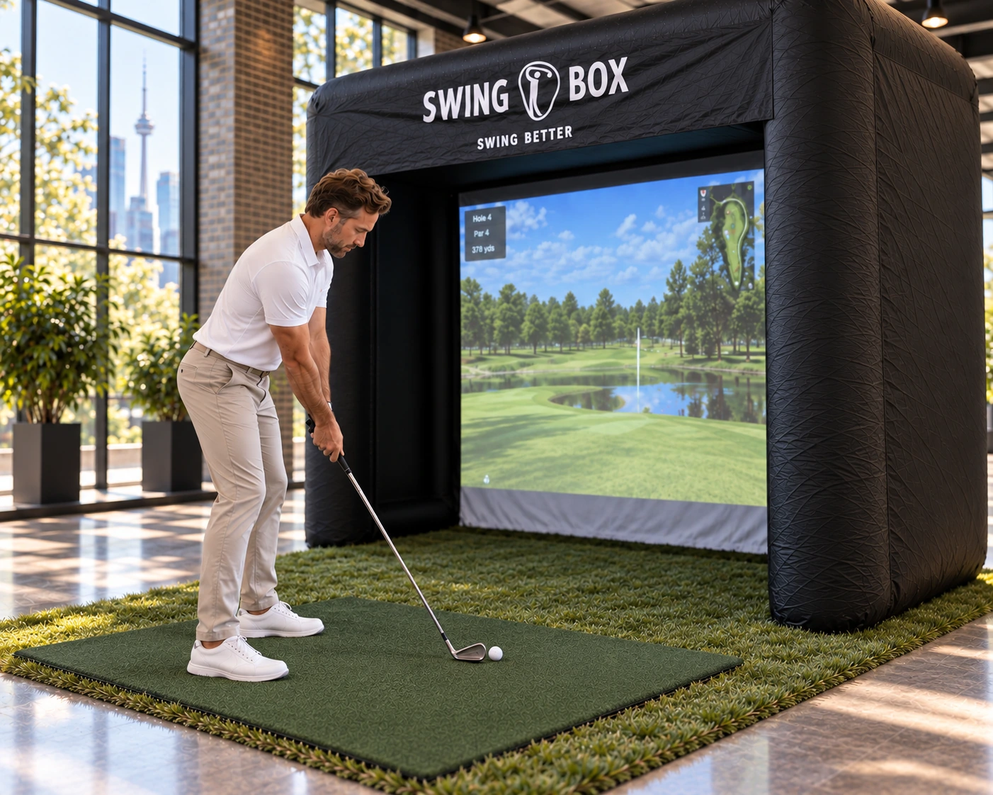 Guest playing in the branded Swing Box mobile golf simulator at an indoor event