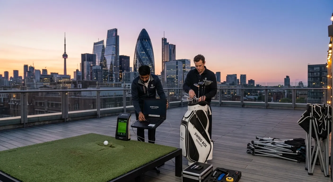 Close view of the Swing Box enclosure, mounted projector, screen, turf and golfer
