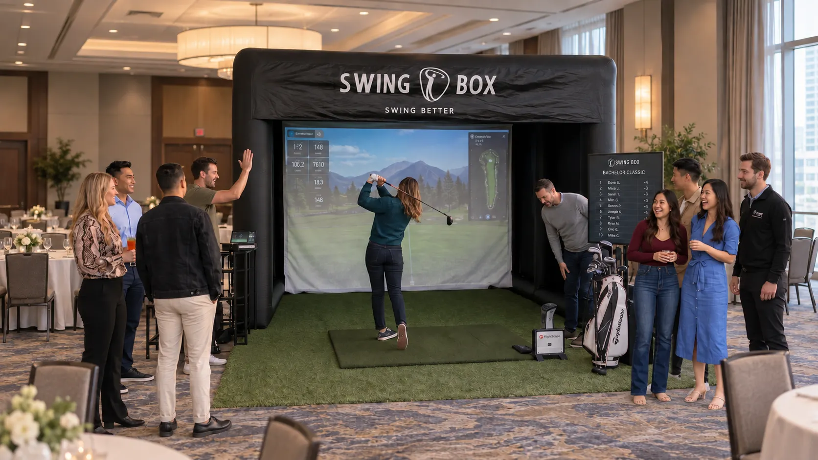 Guests enjoying a Swing Box bachelor golf event in a Toronto venue