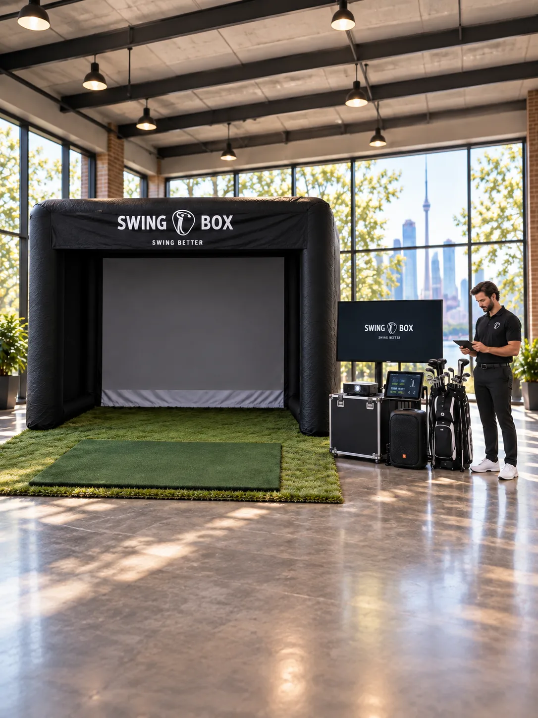 Guests gathered around the Swing Box simulator at an evening event
