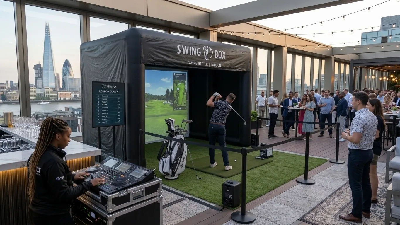 Guests gathered around the Swing Box simulator at an evening corporate event