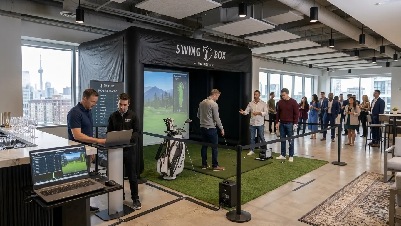 Bachelor group waiting for their turns beside an indoor Swing Box simulator and operator station