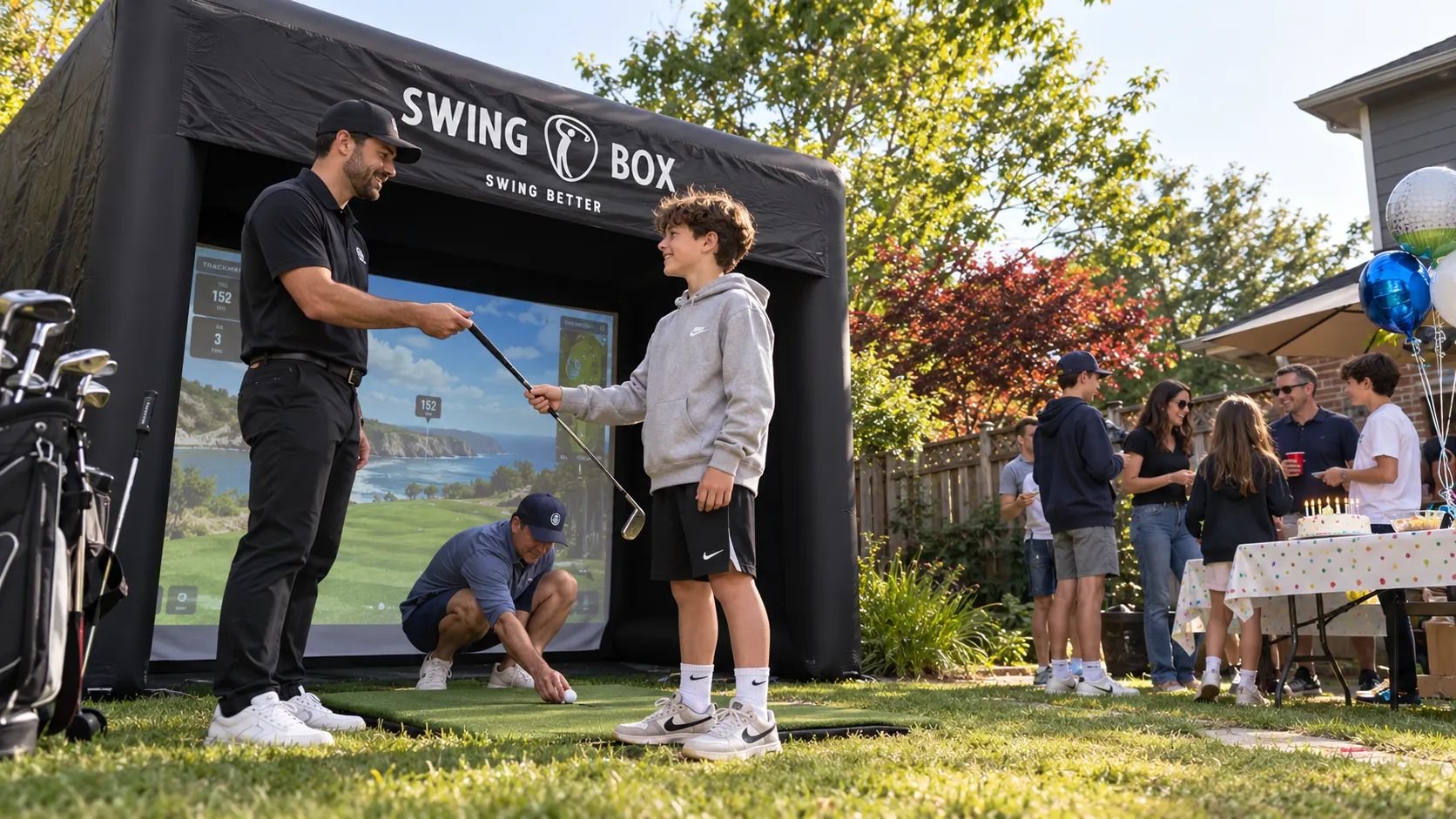 Birthday guest accepts a golf club beside the inflatable Swing Box while family talks near a cake table